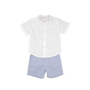 White Button Shirt & Blue Striped Shorts