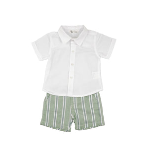 White Button Shirt & Green Striped Shorts