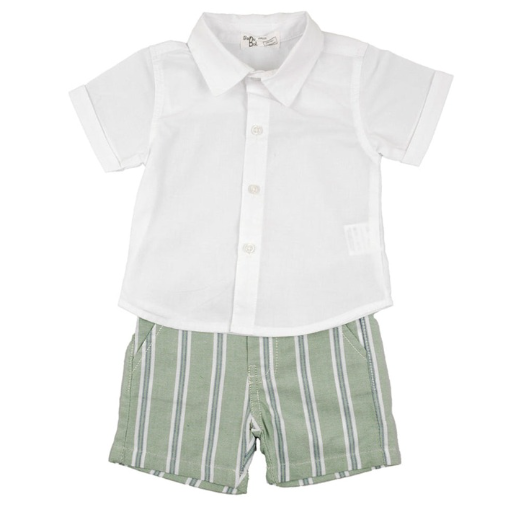 White Button Shirt & Green Striped Shorts