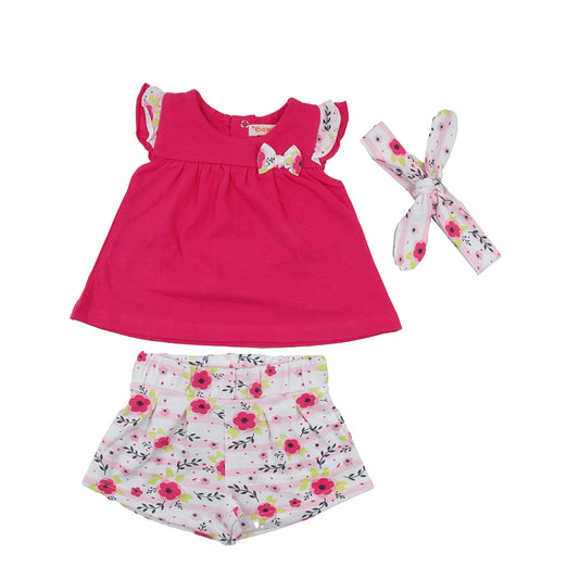 Pink Shirt & White Flower Shorts with headband
