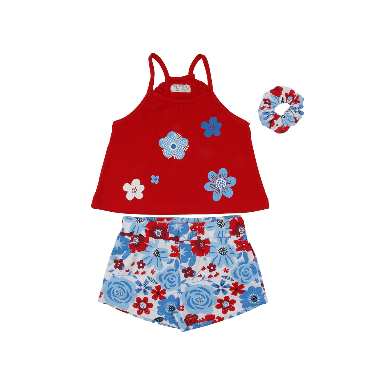 Red with Blue Flowers top & Flowery Shorts Set