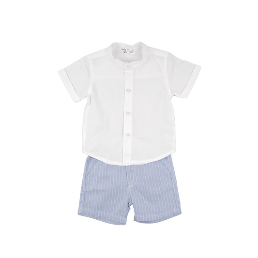 White Button Shirt & Blue Striped Shorts