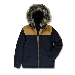 Navy and brown jacket with fur head trim