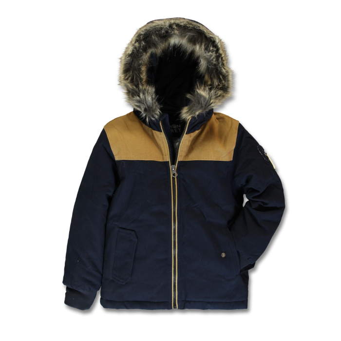 Navy and brown jacket with fur head trim