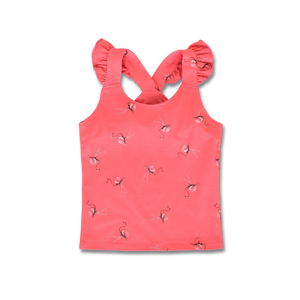 Sunkist Coral Sleeveless Shirt with Flamingo Pattern