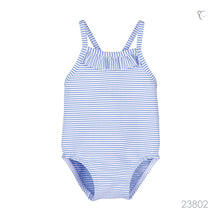 Load image into Gallery viewer, Striped blue and white swimsuit in pocket
