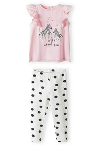 Pink t-shirt with zebra print & white polka dot leggings