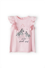 Load image into Gallery viewer, Pink t-shirt with zebra print &amp; white polka dot leggings
