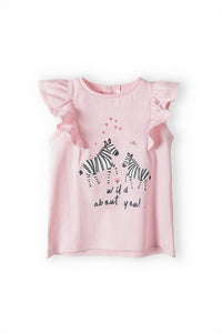 Pink t-shirt with zebra print & white polka dot leggings