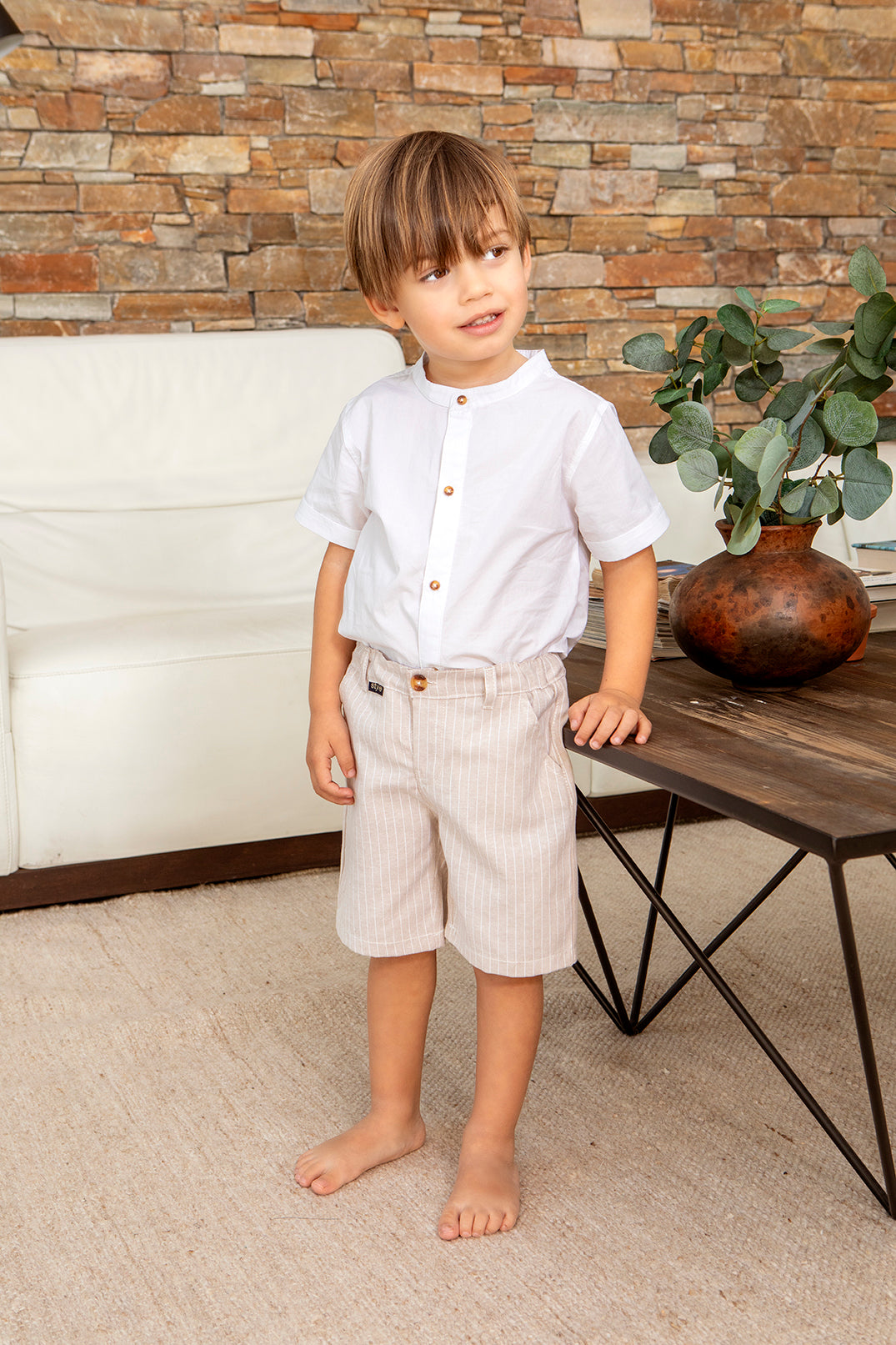 White Button Shirt & Beige Shorts