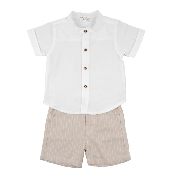 White Button Shirt & Beige Shorts