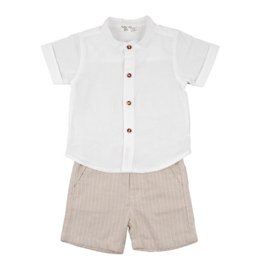 White Button Shirt & Beige Shorts