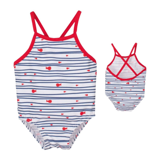 Red, white and blue striped swimsuit in pocket