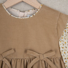 Load image into Gallery viewer, Light Brown dress with bows and cream flowery sleeve
