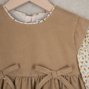 Light Brown dress with bows and cream flowery sleeve