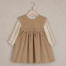 Load image into Gallery viewer, Light Brown dress with bows and cream flowery sleeve
