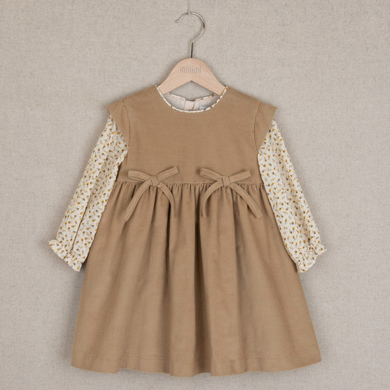 Light Brown dress with bows and cream flowery sleeve