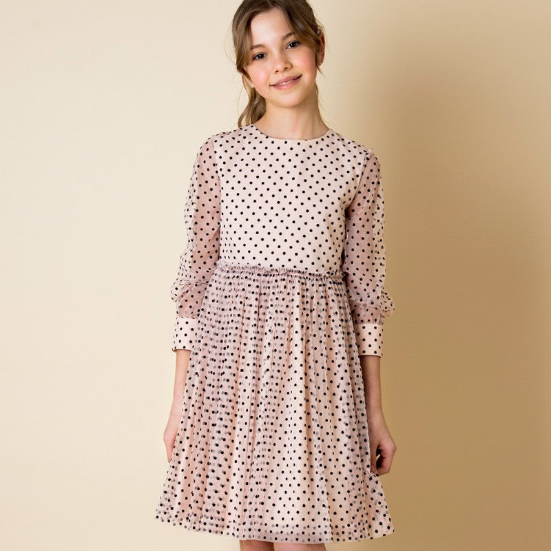 Long sleeve cream dress with polka dots and transparent sleeves