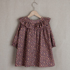 Purple flowery dress with frill neckline